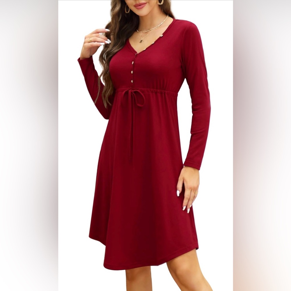 Kojooin | Long Sleeve Casual T-Shirt Tie Waist Drawstring Red Dress Size L NWOT